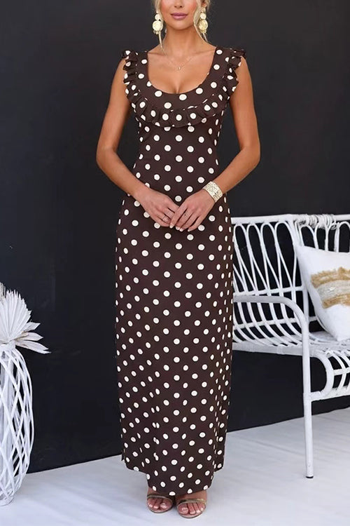 U Neck Ruffle Detail Polka Dot Maxi Dress