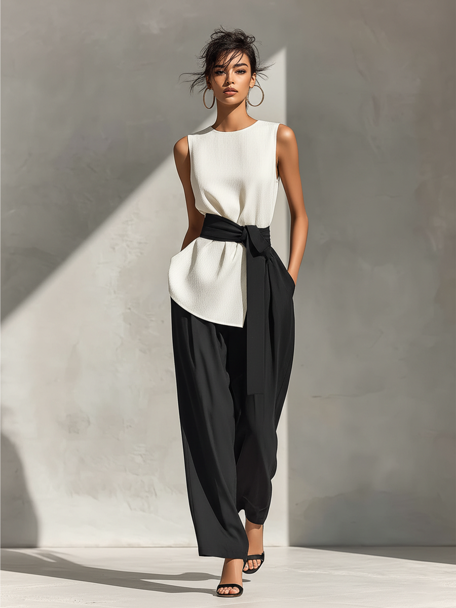 Women's White Sleeveless Top & Black Wide-Leg Pants Two-Piece Set With Contrast Belt MDZ1126B4T