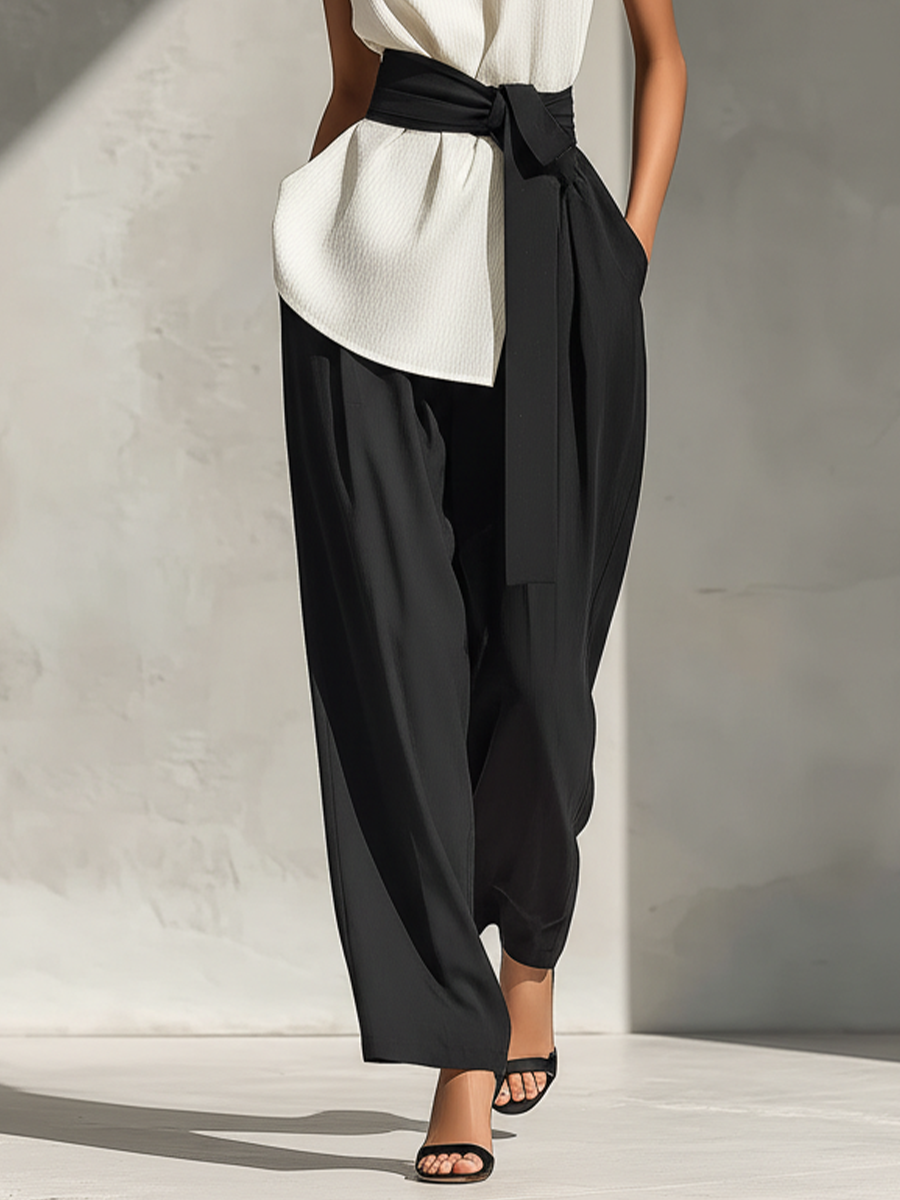 Women's White Sleeveless Top & Black Wide-Leg Pants Two-Piece Set With Contrast Belt MDZ1126B4T