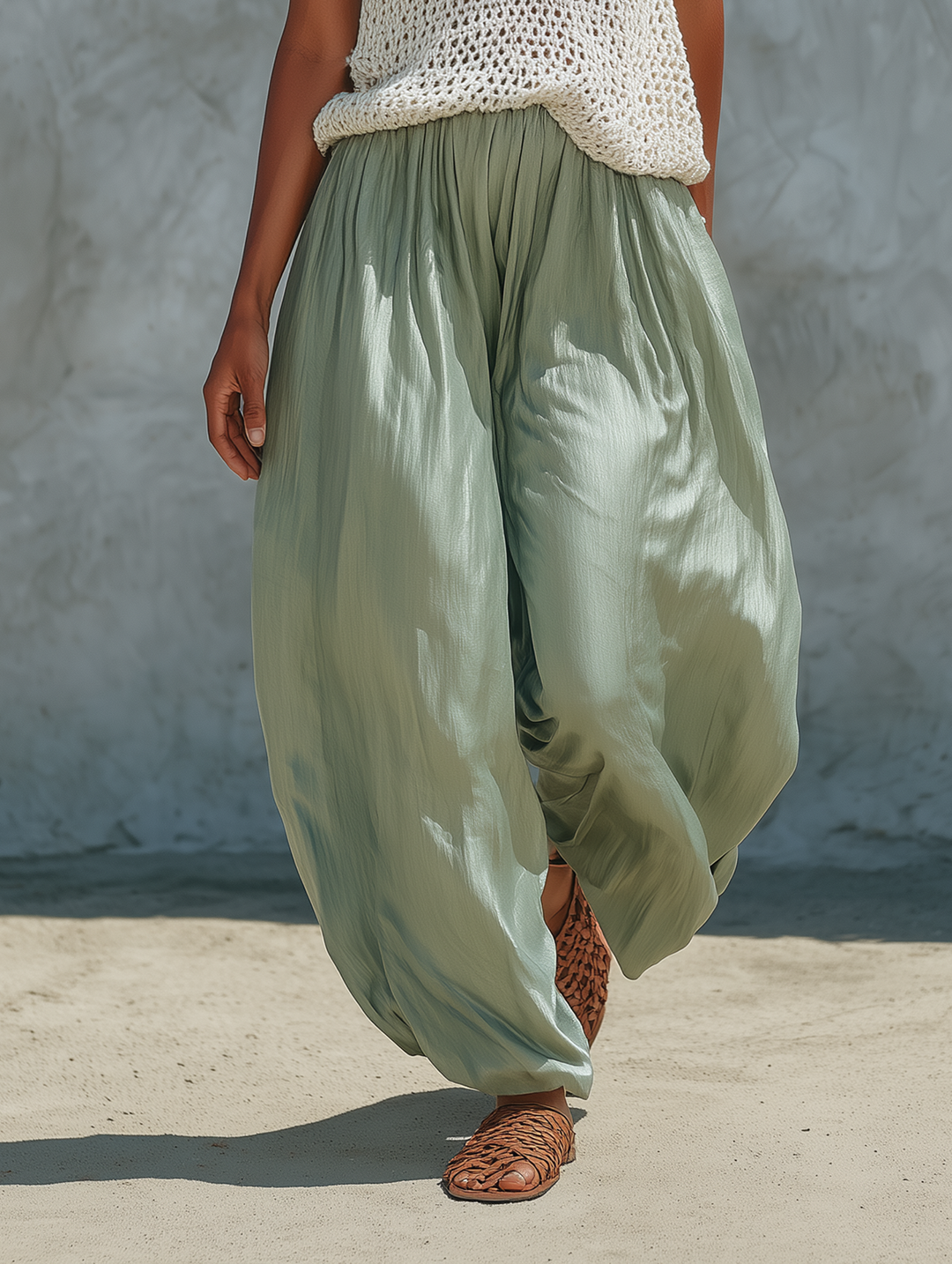 Women's Minimalist Mesh-Knit Tank Top And Faux-Acetate Balloon Pants Set MDZ2710C0Y