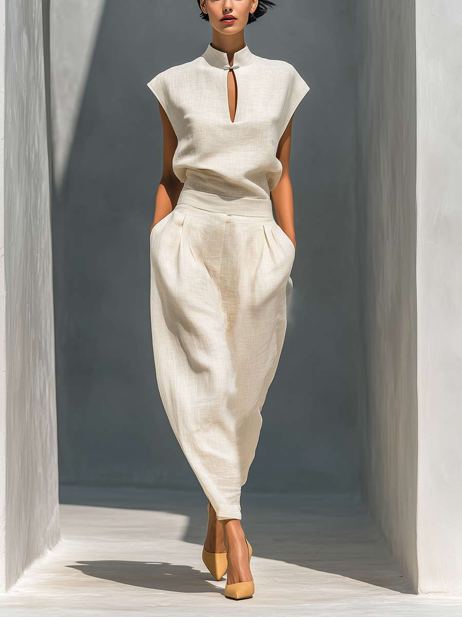 Women’s Ivory Linen-Blend Mandarin Collar Keyhole Top & High-Waisted Barrel Leg Skirt Two-Piece Set MDZ0128D1T