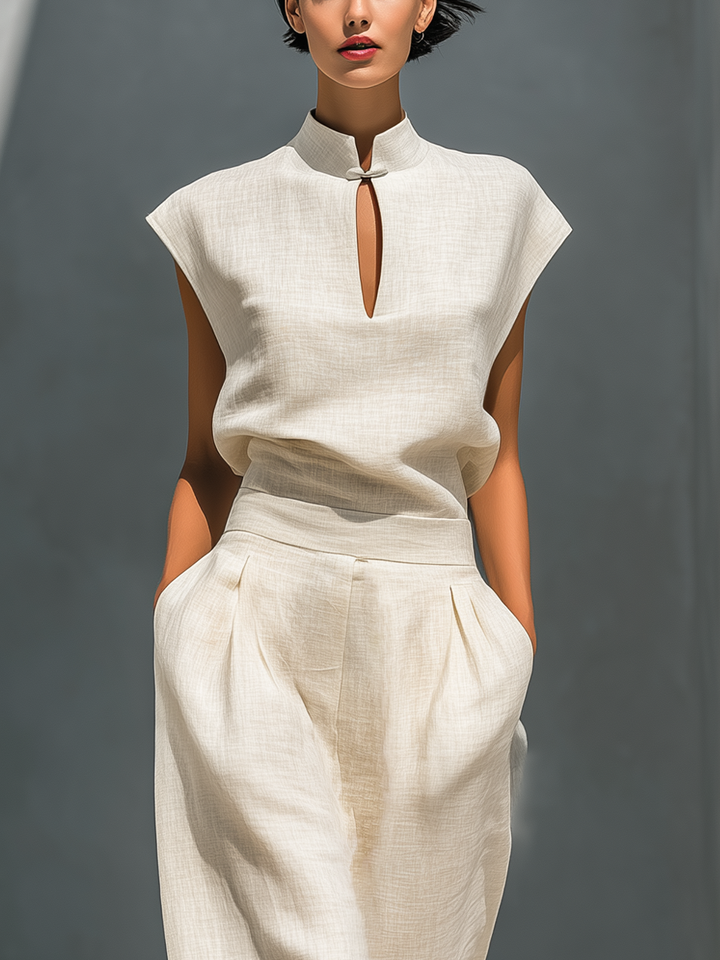 Women’s Ivory Linen-Blend Mandarin Collar Keyhole Top & High-Waisted Barrel Leg Skirt Two-Piece Set MDZ0128D1T