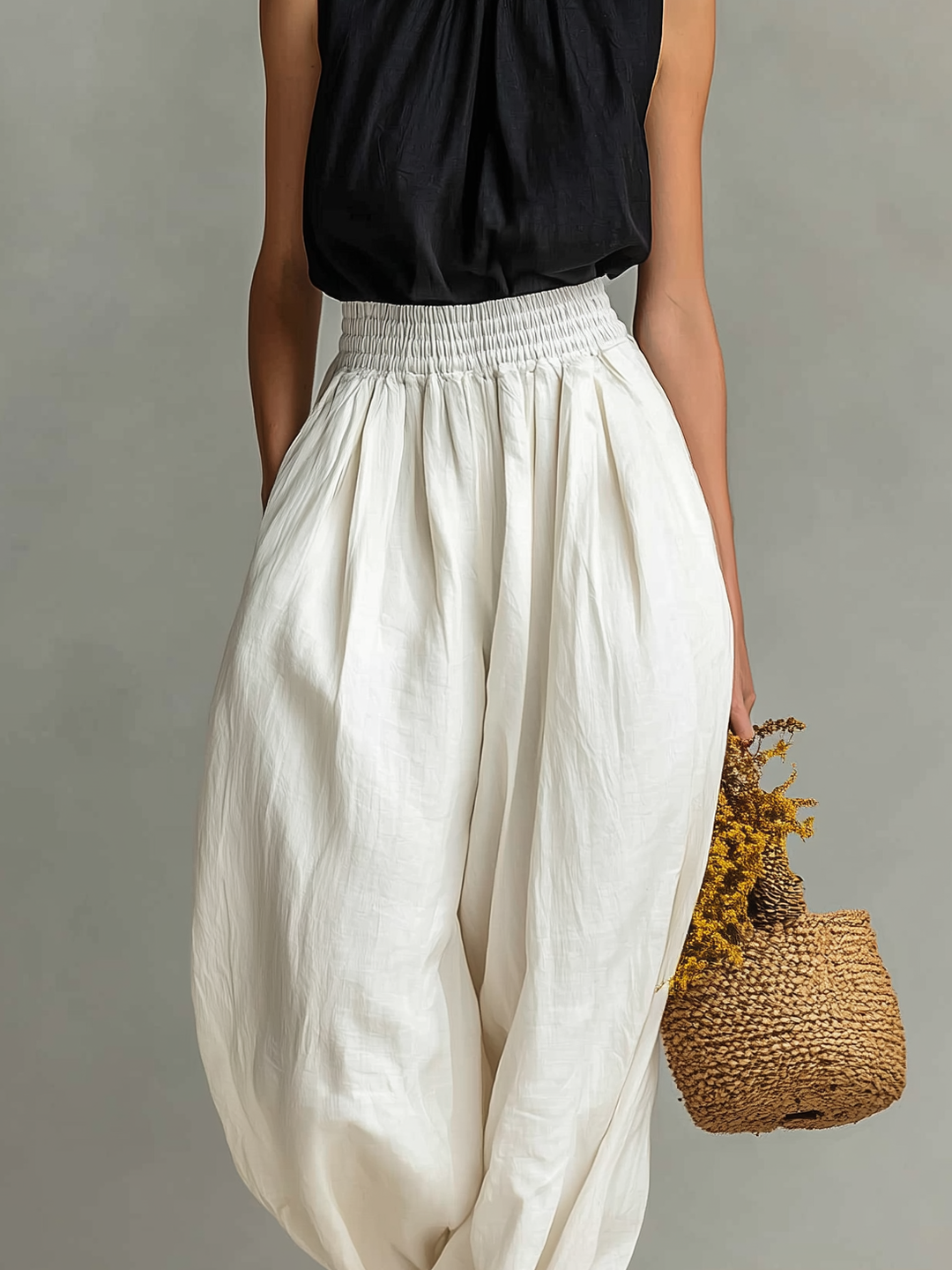 Women's Casual Black Cotton-Linen Sleeveless Crew-Neck Top With Embroidery, Paired With White Trousers MDZ0279D2LXY