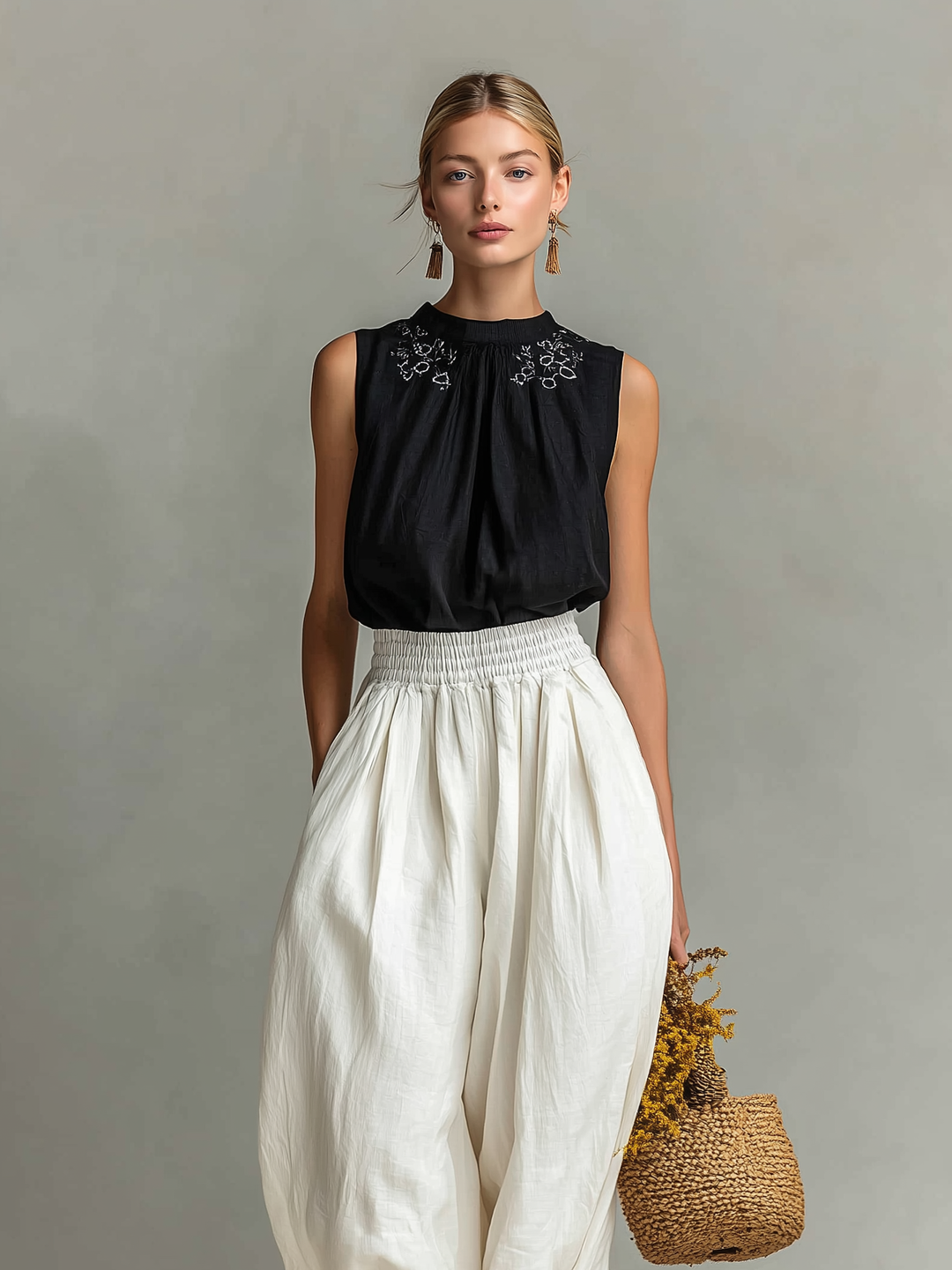 Women's Casual Black Cotton-Linen Sleeveless Crew-Neck Top With Embroidery, Paired With White Trousers MDZ0279D2LXY