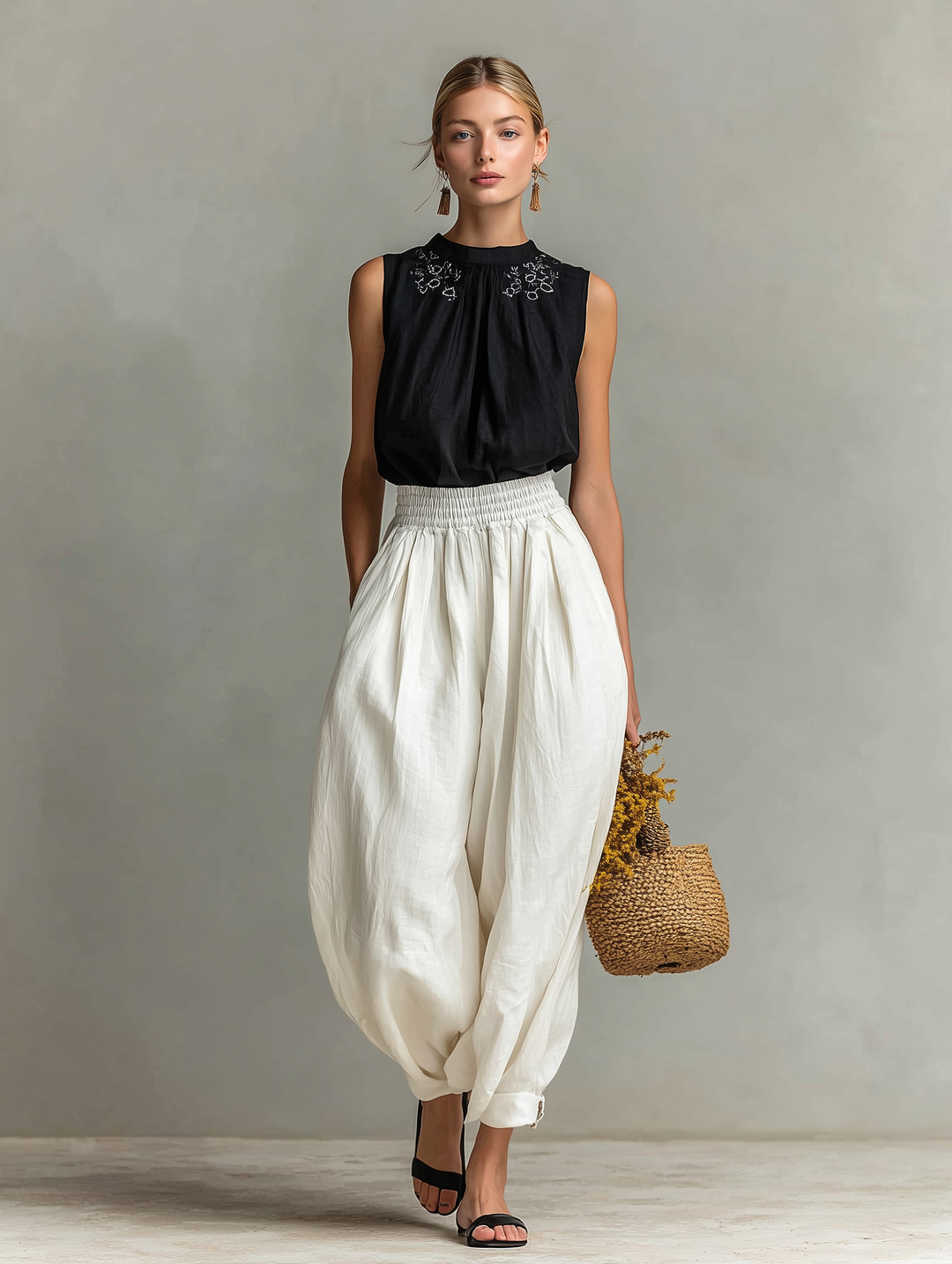 Women's Casual Black Cotton-Linen Sleeveless Crew-Neck Top With Embroidery, Paired With White Trousers MDZ0279D2LXY