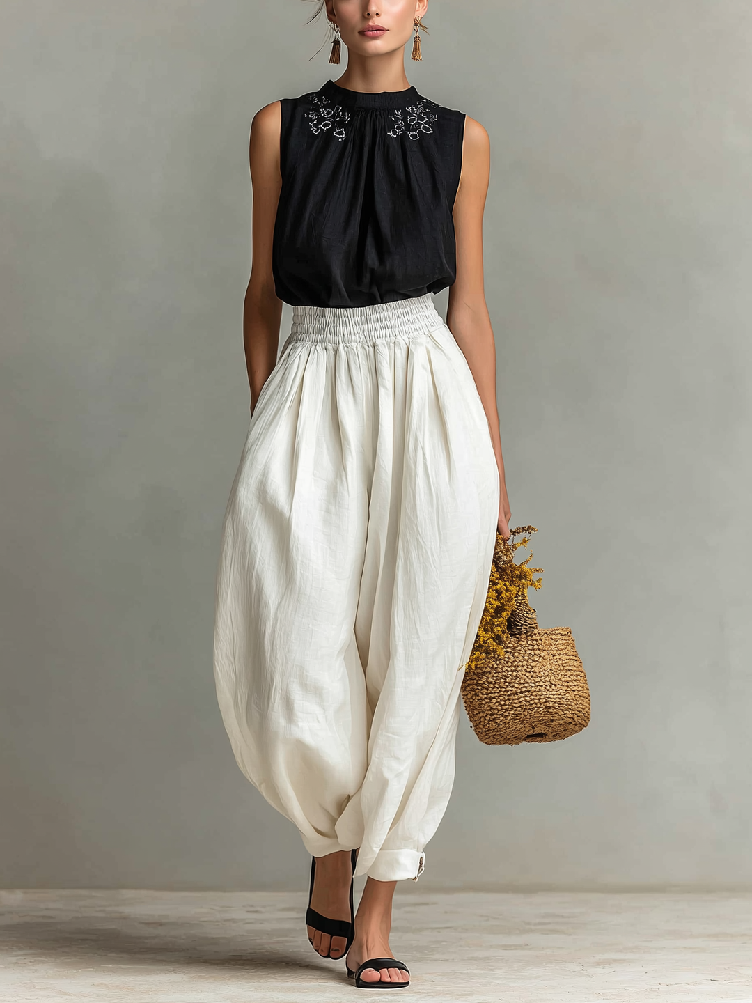 Women's Casual Black Cotton-Linen Sleeveless Crew-Neck Top With Embroidery, Paired With White Trousers MDZ0279D2LXY