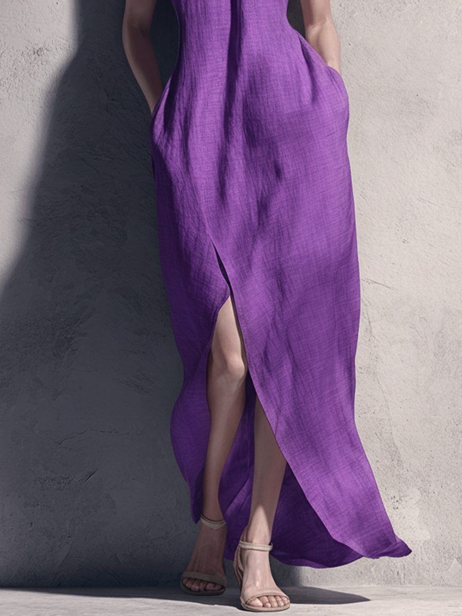 Women's Resort-style Purple Cotton And Linen Halter Neck Slit Maxi Dress MDZ0337D5GMJ