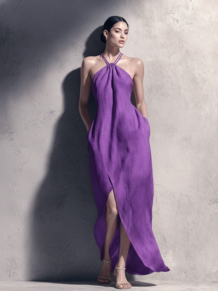 Women's Resort-style Purple Cotton And Linen Halter Neck Slit Maxi Dress MDZ0337D5GMJ