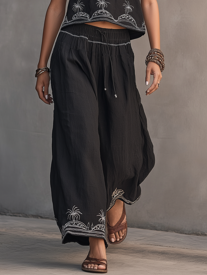 Women's Minimalist Linen-Blend Embroidered Tank Top & Wide-Leg Pants Set MDZ0878D0Y