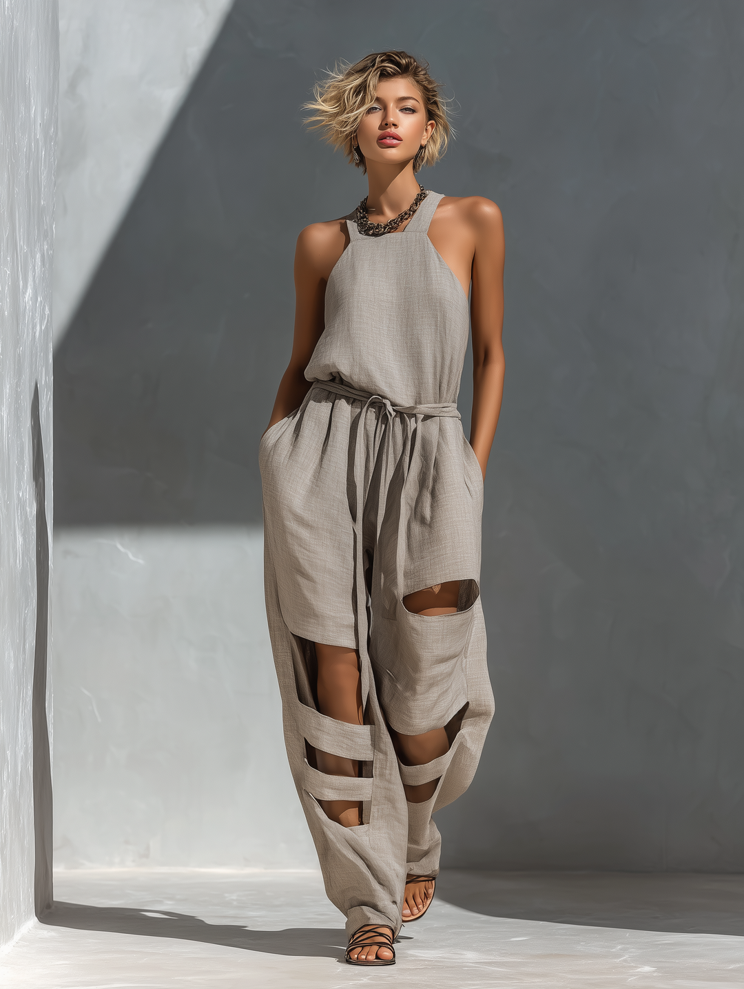 Women’s Gray Linen-Blend Halter Neck Belted Cut-Out Wide-Leg Jumpsuit MDZ0964D1T