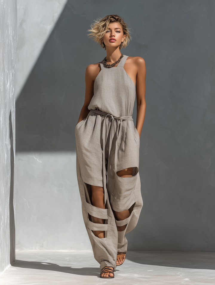 Women’s Gray Linen-Blend Halter Neck Belted Cut-Out Wide-Leg Jumpsuit MDZ0964D1T