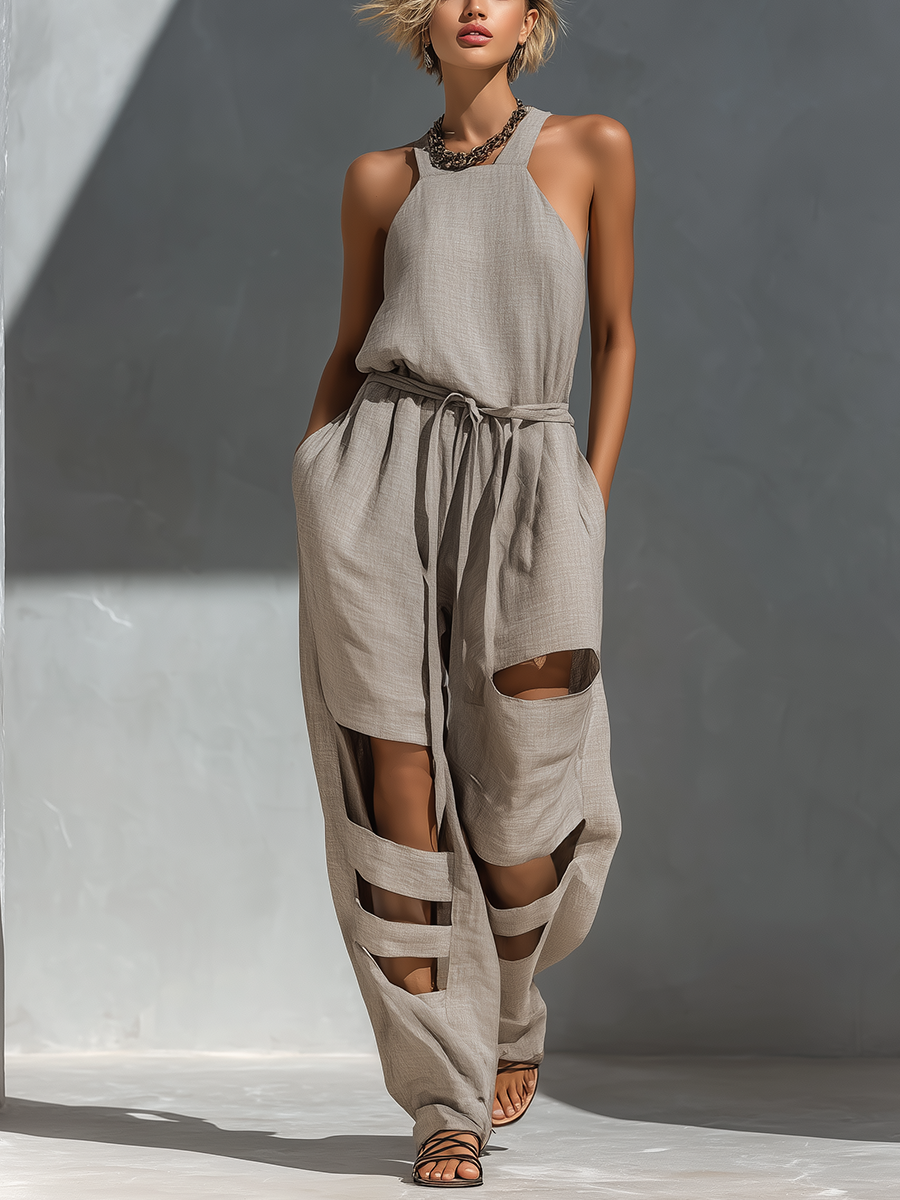 Women’s Gray Linen-Blend Halter Neck Belted Cut-Out Wide-Leg Jumpsuit MDZ0964D1T