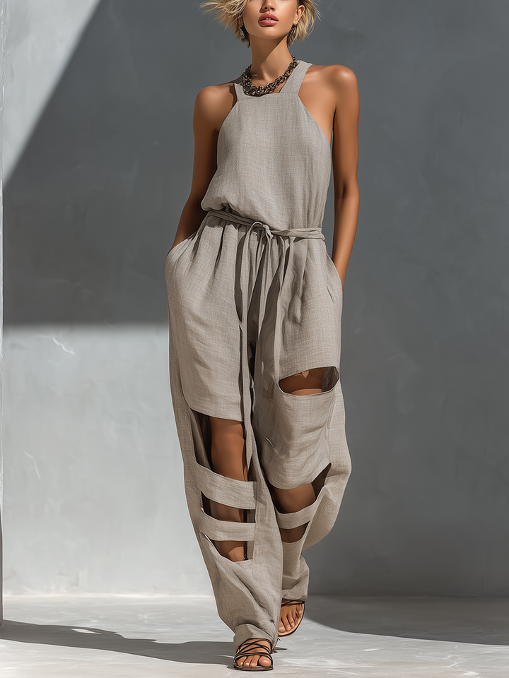 Women’s Gray Linen-Blend Halter Neck Belted Cut-Out Wide-Leg Jumpsuit MDZ0964D1T