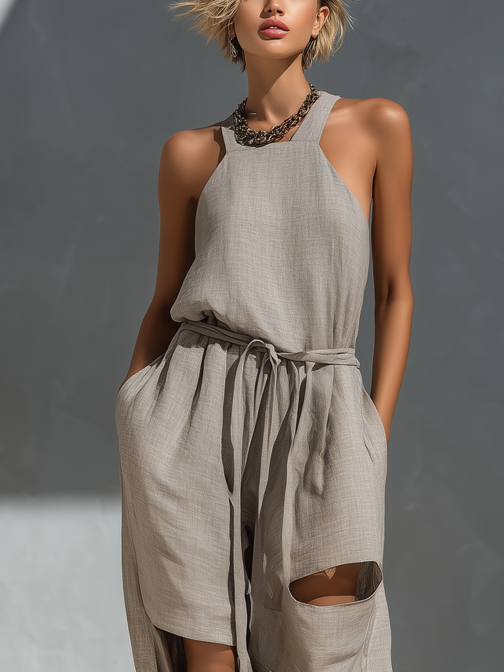 Women’s Gray Linen-Blend Halter Neck Belted Cut-Out Wide-Leg Jumpsuit MDZ0964D1T