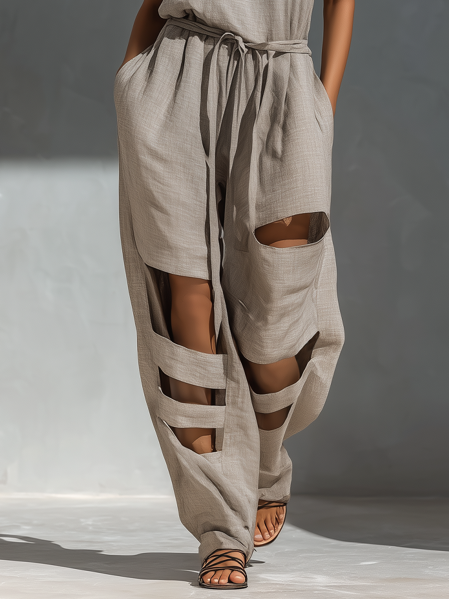 Women’s Gray Linen-Blend Halter Neck Belted Cut-Out Wide-Leg Jumpsuit MDZ0964D1T
