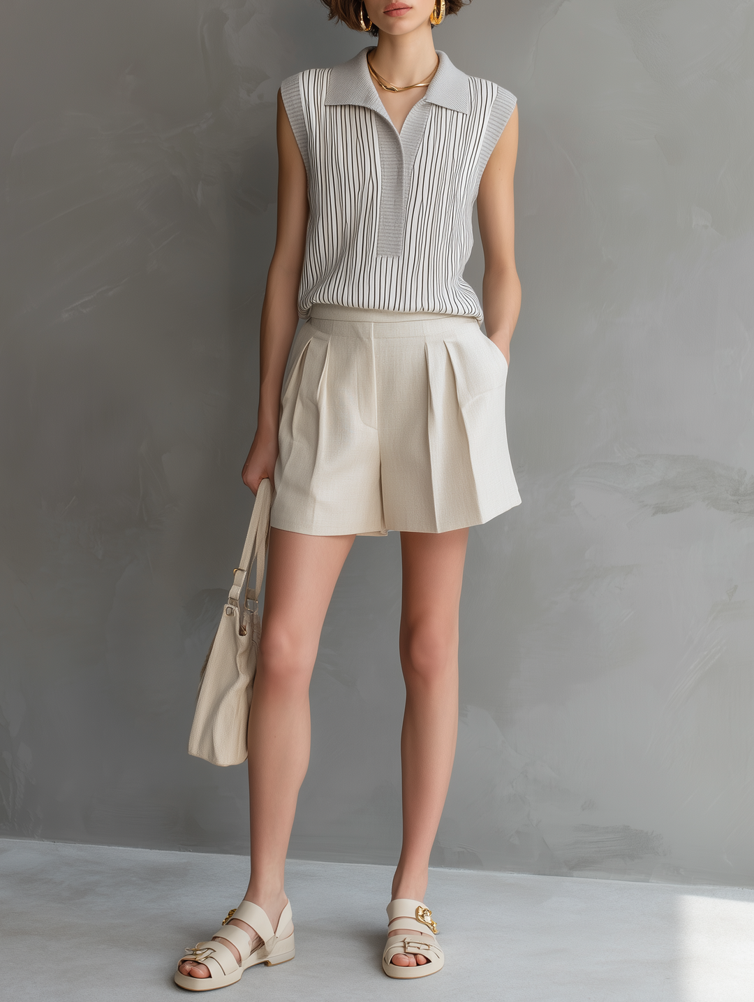 Women's Minimalist Sleeveless Striped Knit Top And Shorts Set MDZ1051D6Y