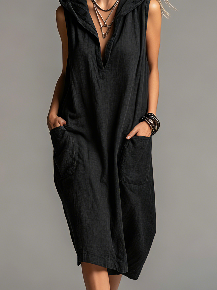 Women's Casual Black Cotton-Linen Hooded Sleeveless Loose Midi Dress MDZ1055D7LXY