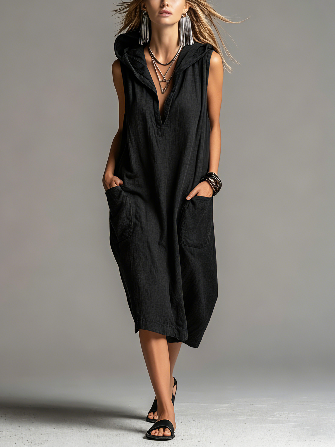 Women's Casual Black Cotton-Linen Hooded Sleeveless Loose Midi Dress MDZ1055D7LXY