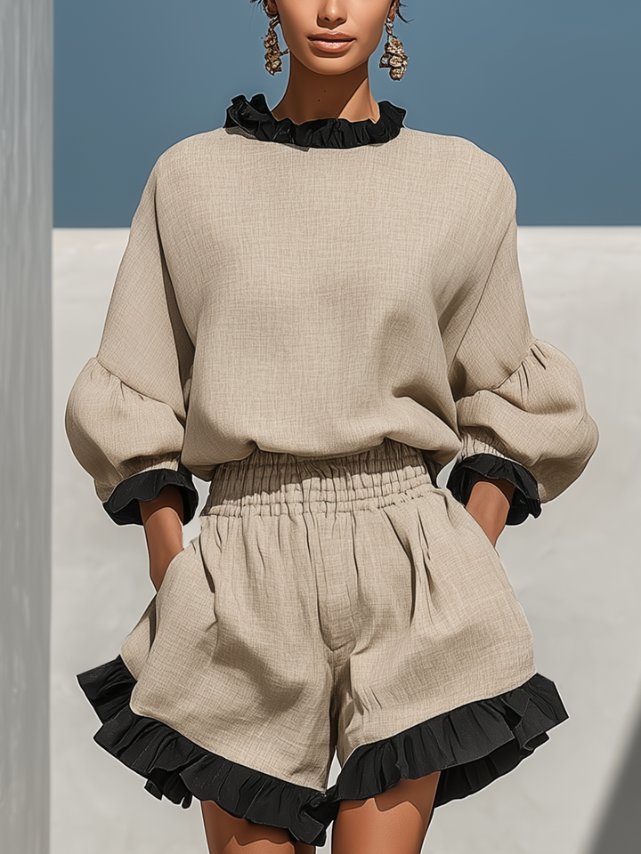 Women’s Beige Linen-Blend Contrast Ruffle Trim Long Sleeve Blouse & High-Waisted Ruffle Hem Shorts Two-Piece Set MDZ1018D0T