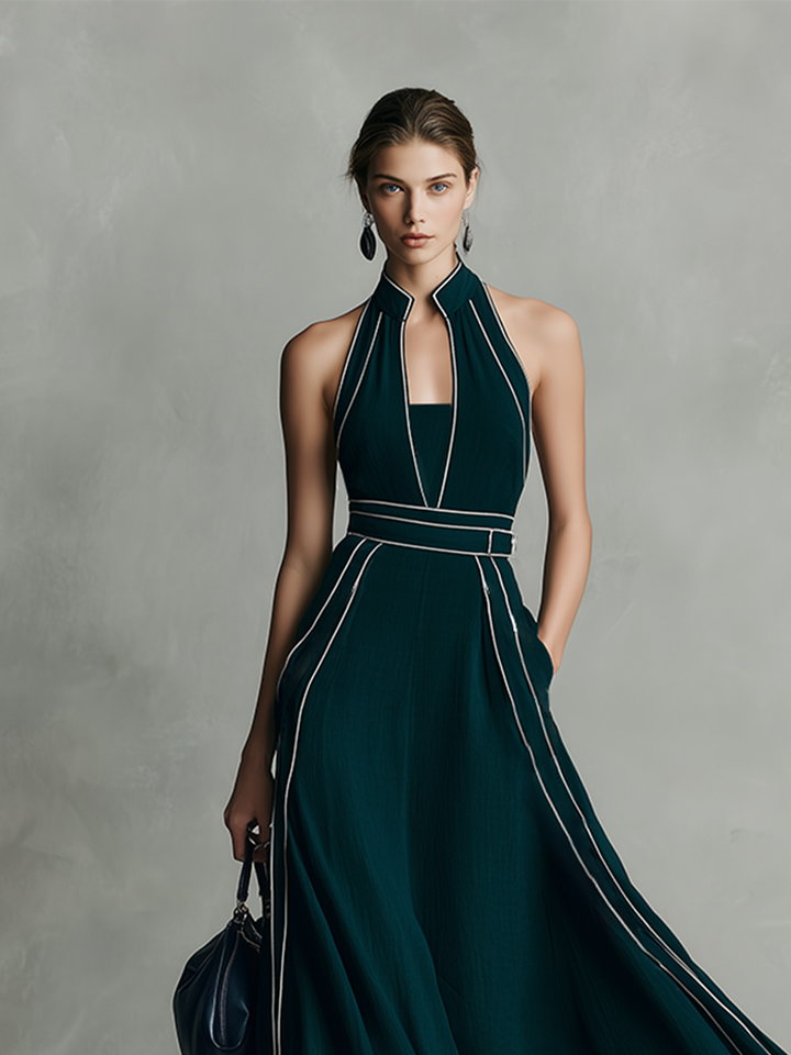 Women's Deep Green Cotton Blend Maxi Dress With Halter Neck & Contrast Piping, Timeless Elegant-Evening Style Dress MDZ1165D7I