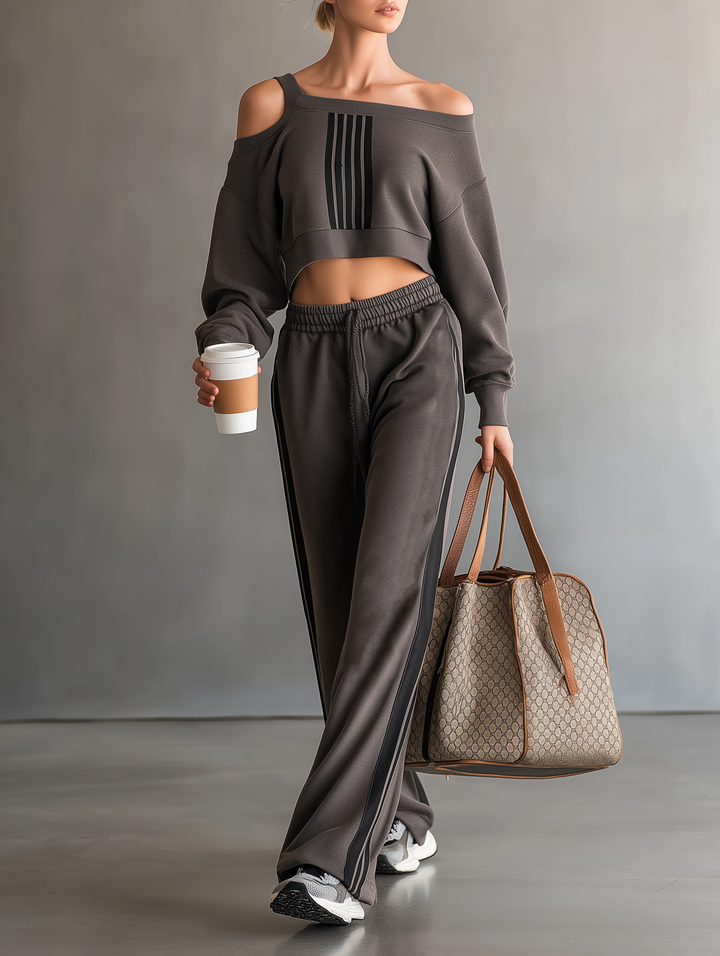 Women's Fashion Off-Shoulder Long-Sleeve Cropped Sweatshirt And Sweatpants Set MDZ1145D5Y