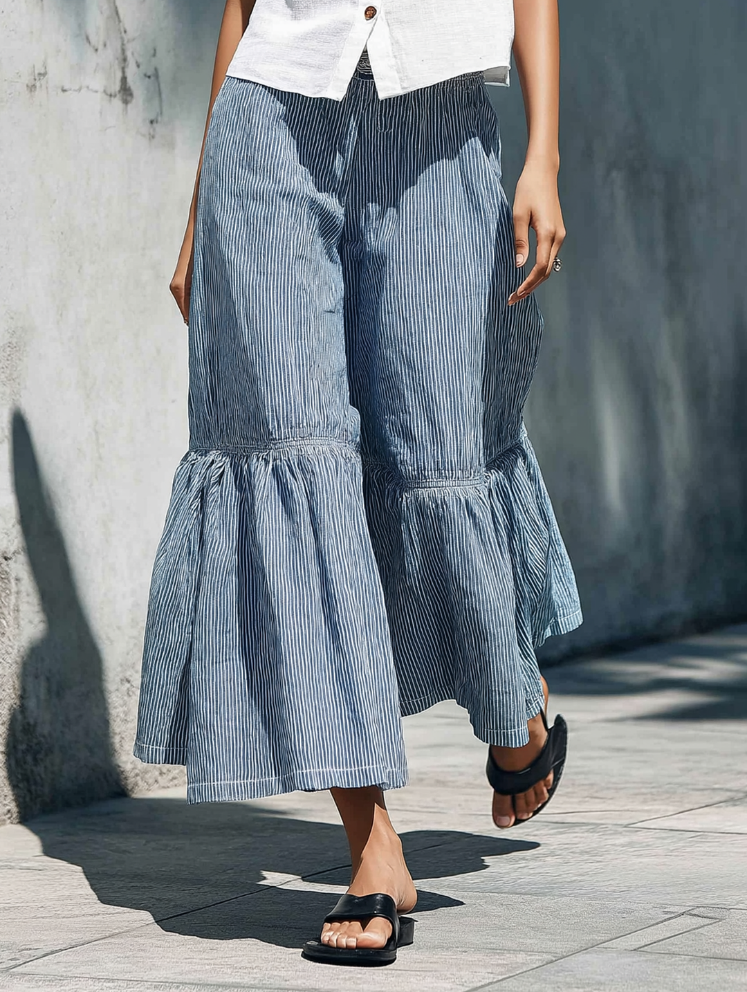 Women's Minimalist Stand-Collar Sleeveless Shirt & Striped Wide-Leg Pants Set MDZ1104D0Y