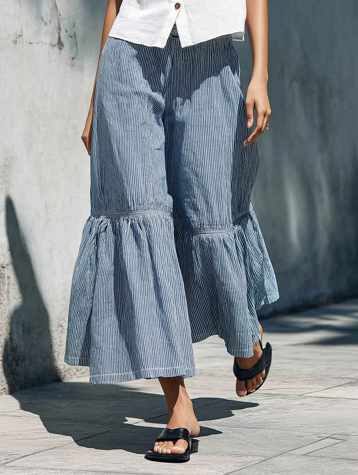 Women's Minimalist Stand-Collar Sleeveless Shirt & Striped Wide-Leg Pants Set MDZ1104D0Y