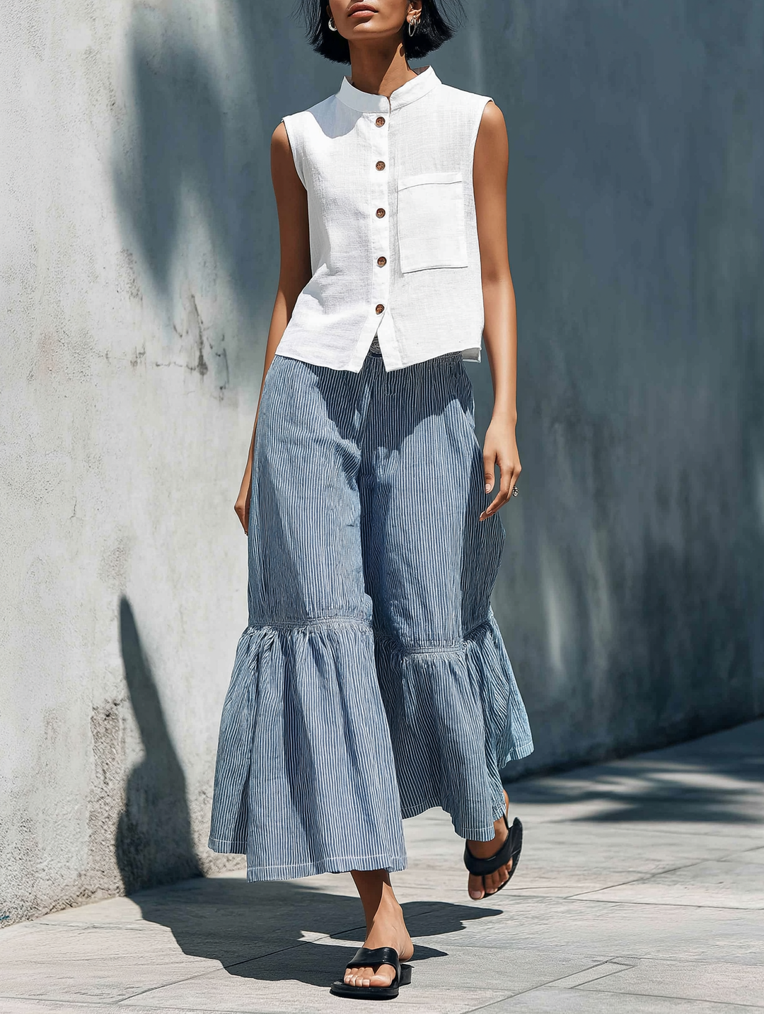 Women's Minimalist Stand-Collar Sleeveless Shirt & Striped Wide-Leg Pants Set MDZ1104D0Y