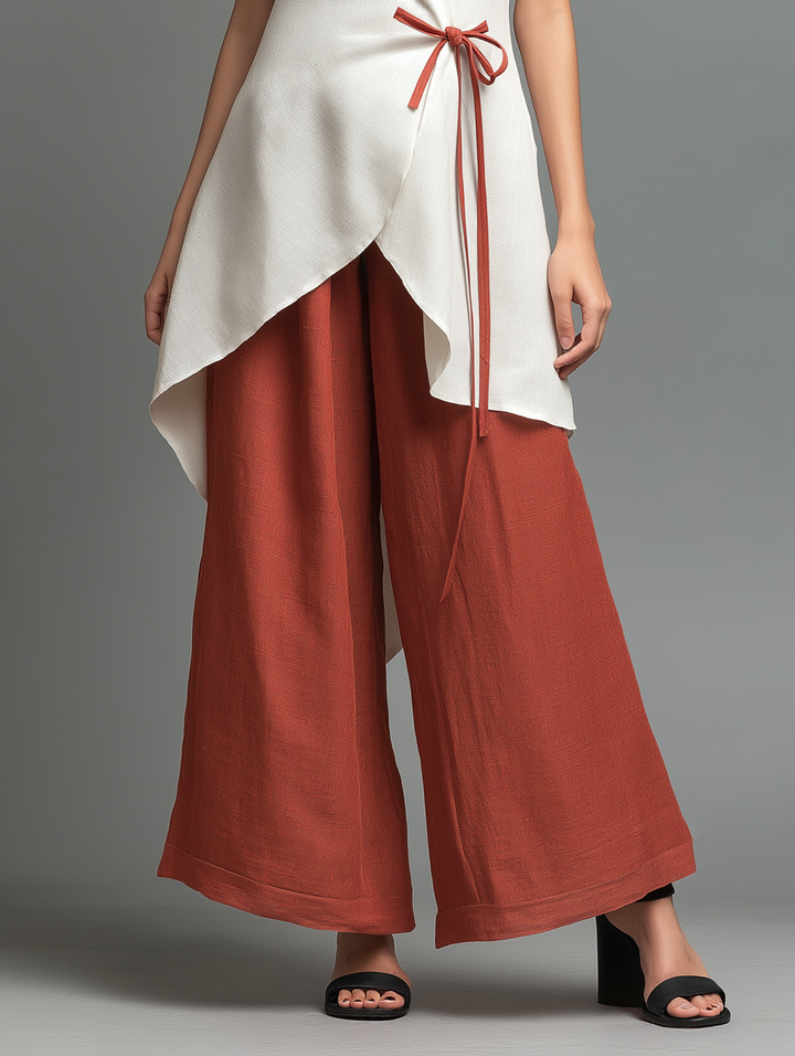 Women's Minimalist Set: Stand-Collar, Sleeveless, Tie-Waist Midi Shirt & Wide-Leg Pants MDZ1361D8Y