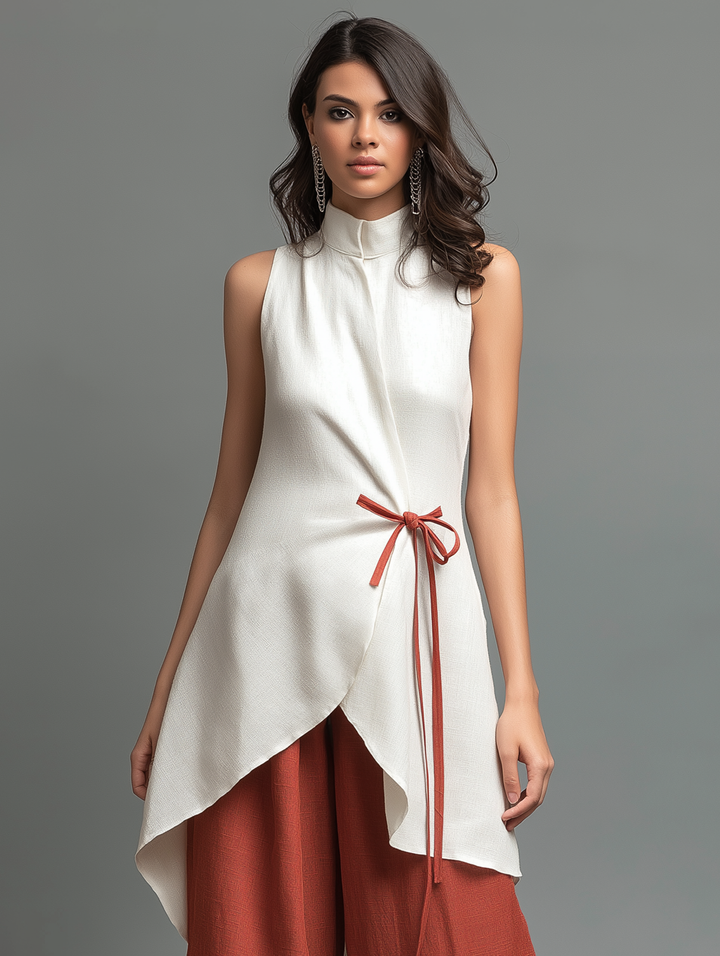 Women's Minimalist Set: Stand-Collar, Sleeveless, Tie-Waist Midi Shirt & Wide-Leg Pants MDZ1361D8Y