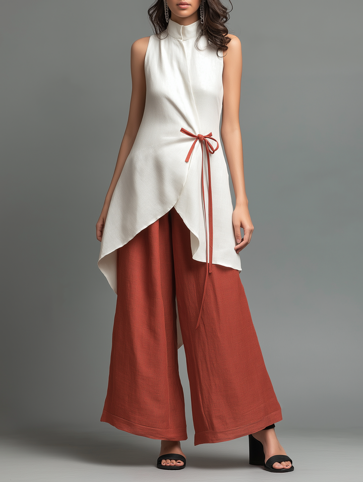Women's Minimalist Set: Stand-Collar, Sleeveless, Tie-Waist Midi Shirt & Wide-Leg Pants MDZ1361D8Y