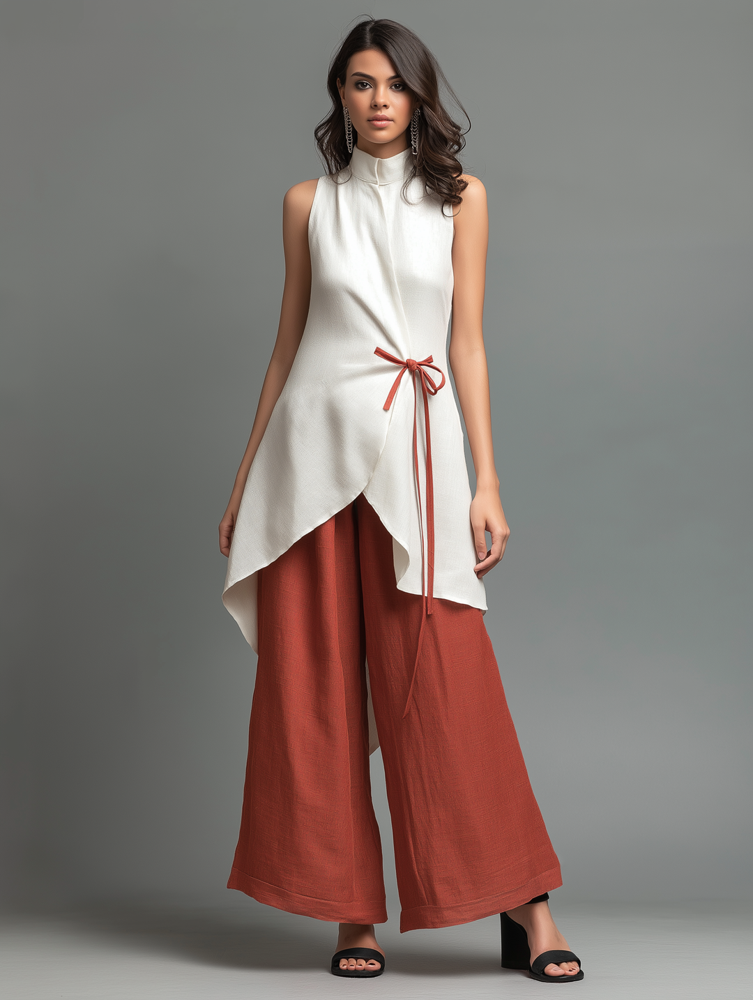 Women's Minimalist Set: Stand-Collar, Sleeveless, Tie-Waist Midi Shirt & Wide-Leg Pants MDZ1361D8Y
