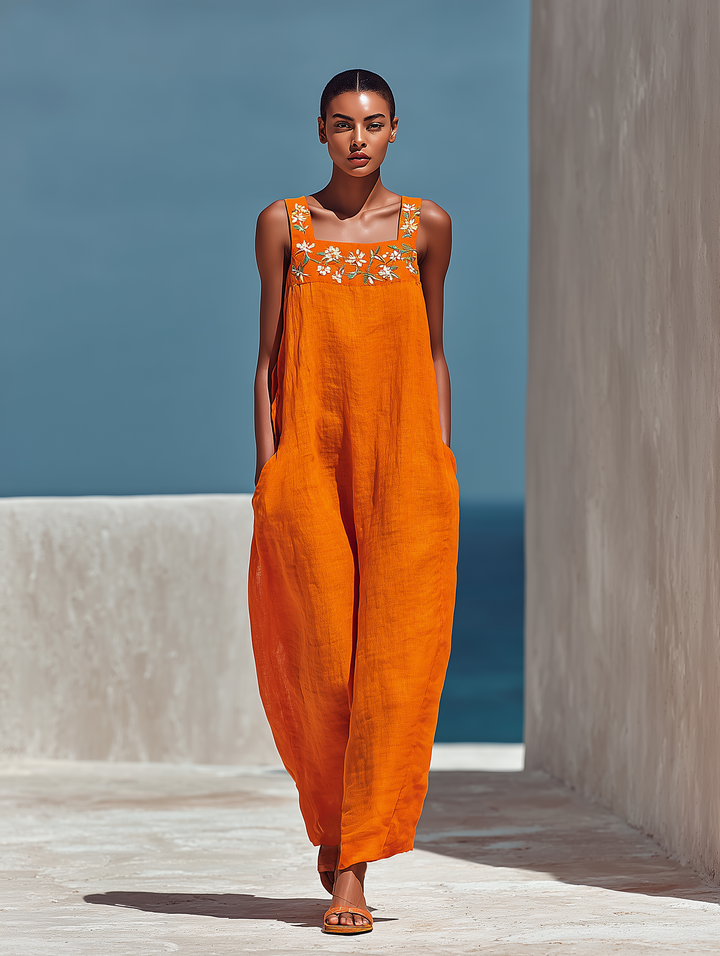 Women’s Orange Linen-Blend Square Neck Floral Embroidered Wide-Leg Jumpsuit With Pockets MDZ1350D3T