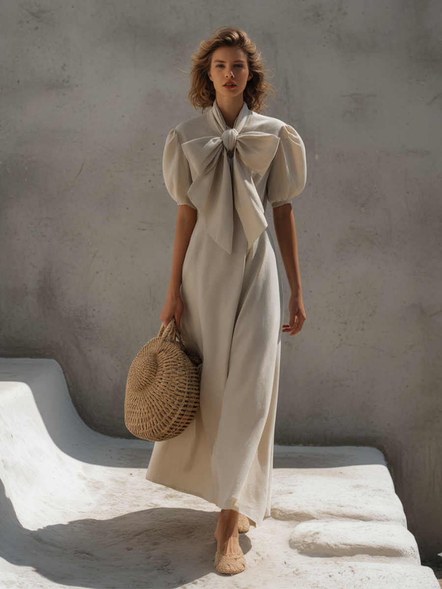 Women's Beige Linen Maxi Dress With Statement Neck Bow & Puff Sleeves, Timeless Feminine-Elegant Style Dress MDZ1316D0LYL