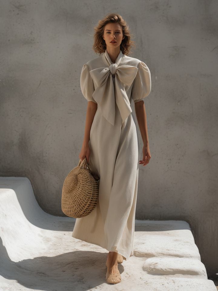 Women's Beige Linen Maxi Dress With Statement Neck Bow & Puff Sleeves, Timeless Feminine-Elegant Style Dress MDZ1316D0LYL