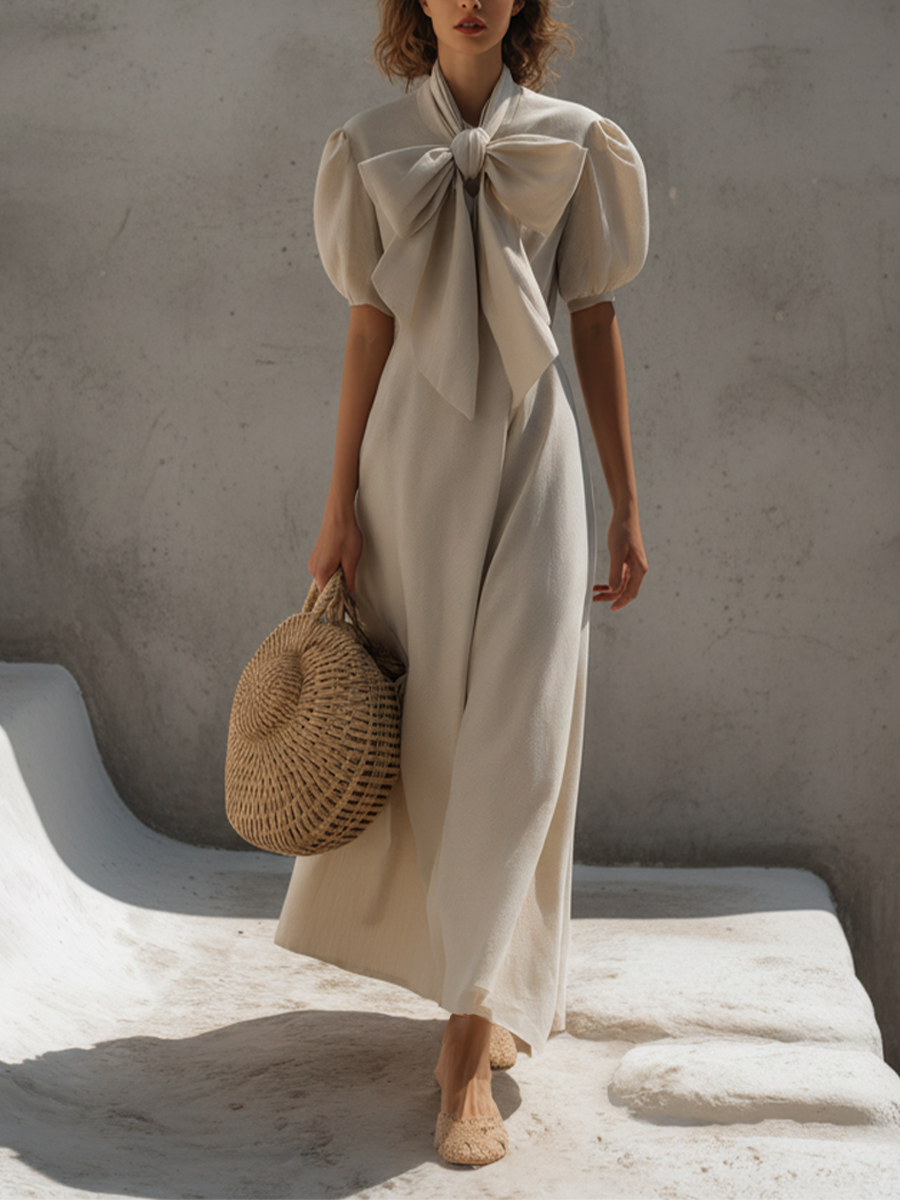 Women's Beige Linen Maxi Dress With Statement Neck Bow & Puff Sleeves, Timeless Feminine-Elegant Style Dress MDZ1316D0LYL