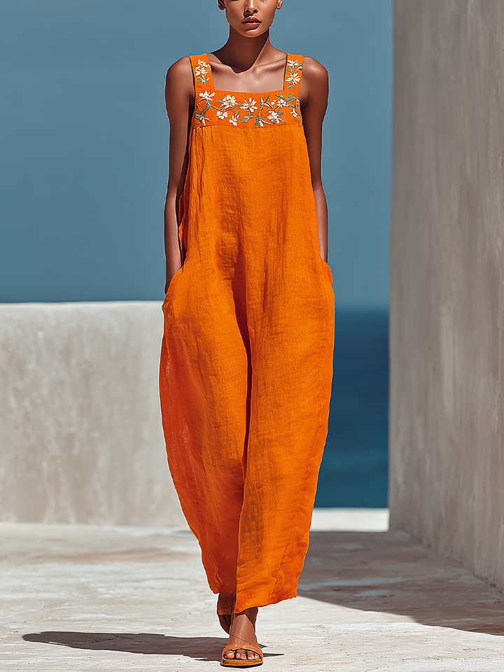 Women’s Orange Linen-Blend Square Neck Floral Embroidered Wide-Leg Jumpsuit With Pockets MDZ1350D3T