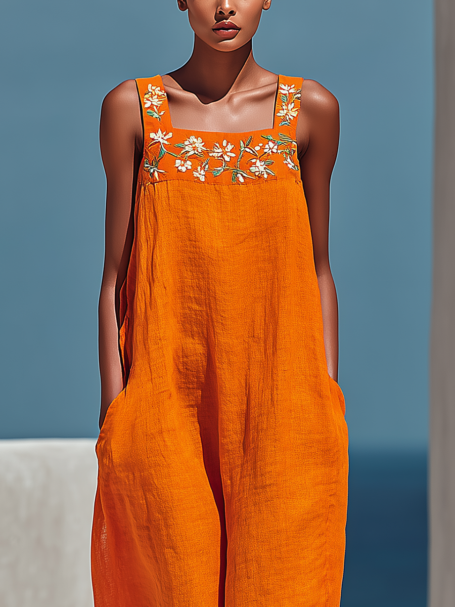 Women’s Orange Linen-Blend Square Neck Floral Embroidered Wide-Leg Jumpsuit With Pockets MDZ1350D3T