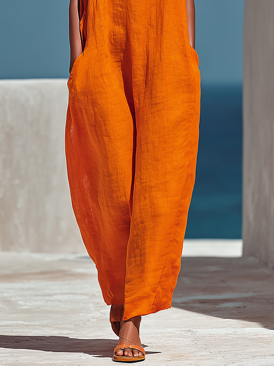 Women’s Orange Linen-Blend Square Neck Floral Embroidered Wide-Leg Jumpsuit With Pockets MDZ1350D3T