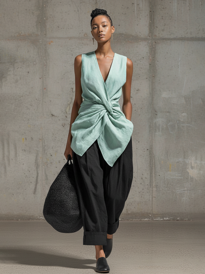Women's Casual Mint Green Cotton Linen V-Neck Sleeveless Knotted Top MDZ1486D2GMJ