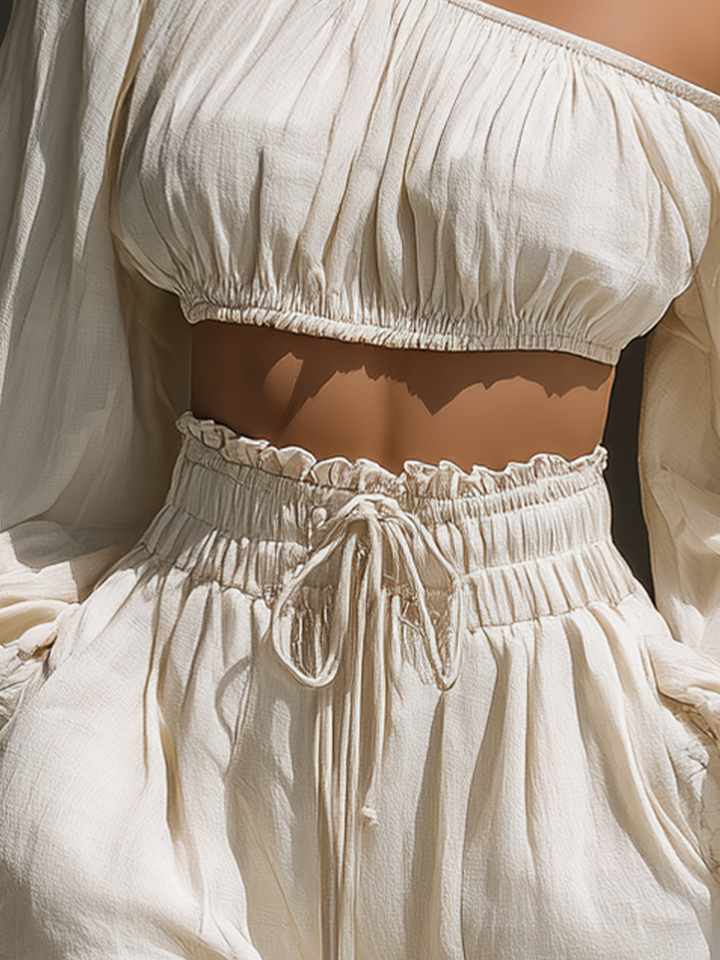 Women’s Off-White Linen-Blend One Shoulder Long Sleeve Crop Top & High-Waisted Drawstring Shorts Two-Piece Set MDZ1427D5T