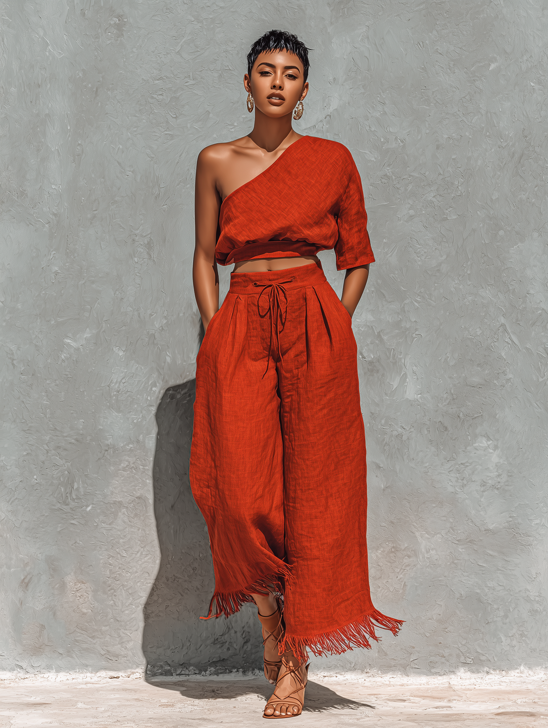 Women’s Rust Orange Linen-Blend One Shoulder Crop Top & High-Waisted Fringe Hem Wide-Leg Pants Two-Piece Set MDZ1559D4T