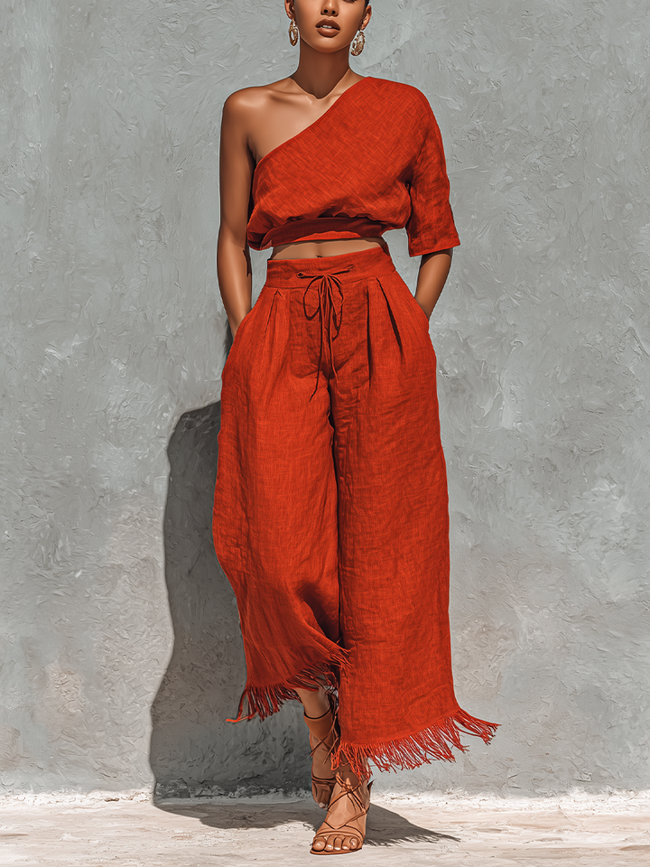 Women’s Rust Orange Linen-Blend One Shoulder Crop Top & High-Waisted Fringe Hem Wide-Leg Pants Two-Piece Set MDZ1559D4T