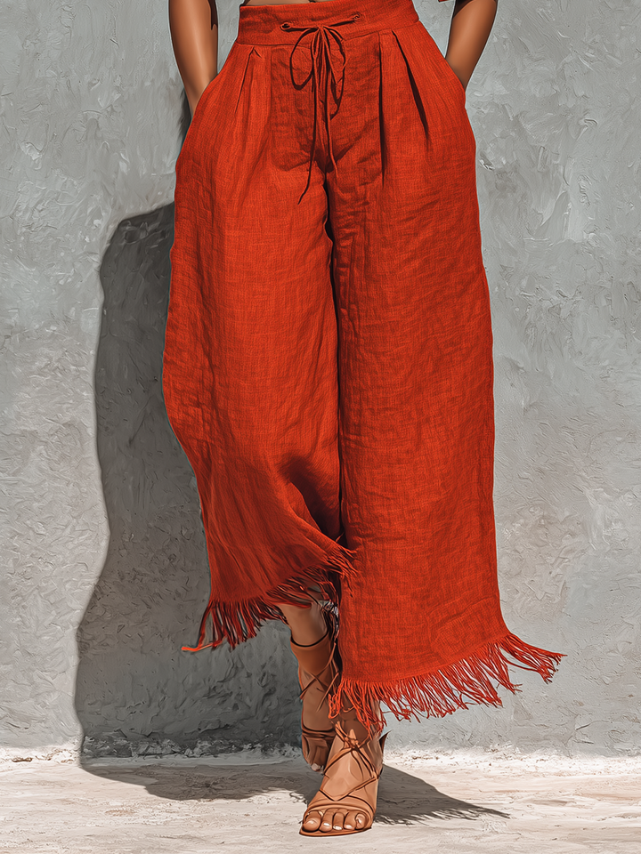 Women’s Rust Orange Linen-Blend One Shoulder Crop Top & High-Waisted Fringe Hem Wide-Leg Pants Two-Piece Set MDZ1559D4T