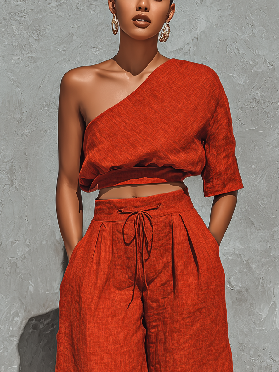 Women’s Rust Orange Linen-Blend One Shoulder Crop Top & High-Waisted Fringe Hem Wide-Leg Pants Two-Piece Set MDZ1559D4T
