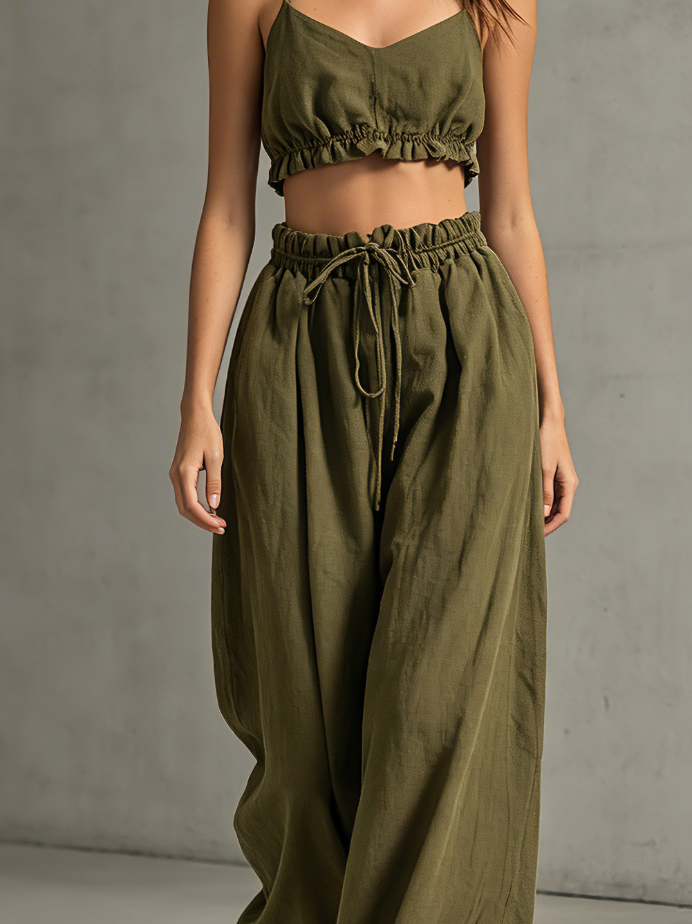 Women's Casual Army Green Cotton-Linen Sleeveless Strappy Top And Trousers Set  MDZ1562D5LXY
