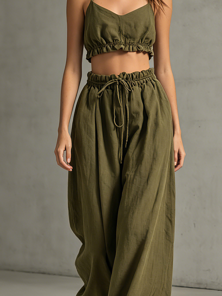 Women's Casual Army Green Cotton-Linen Sleeveless Strappy Top And Trousers Set  MDZ1562D5LXY