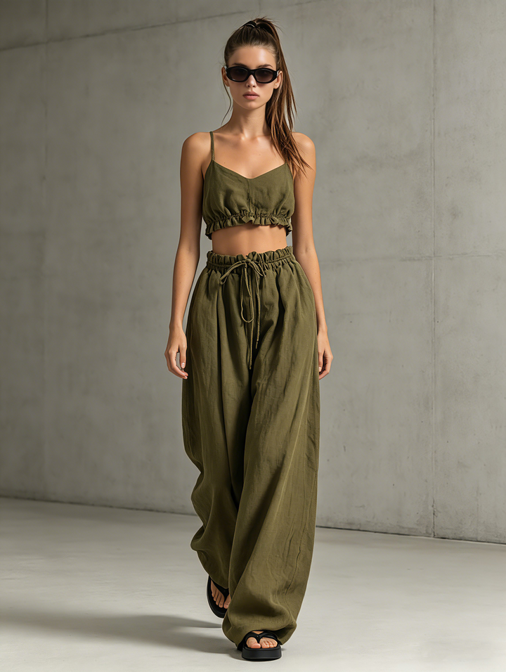 Women's Casual Army Green Cotton-Linen Sleeveless Strappy Top And Trousers Set  MDZ1562D5LXY