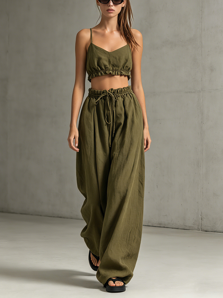 Women's Casual Army Green Cotton-Linen Sleeveless Strappy Top And Trousers Set  MDZ1562D5LXY