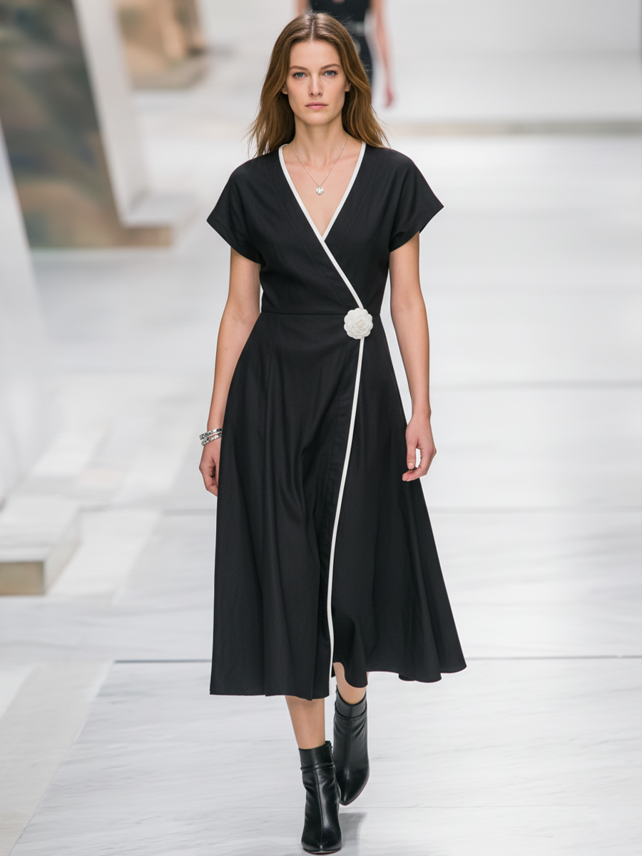 Women's Elegant Black Cotton Linen V-neck Color-blocked White-trimmed Short-sleeved A-line Midi Dress MDZ1598D4GMJ